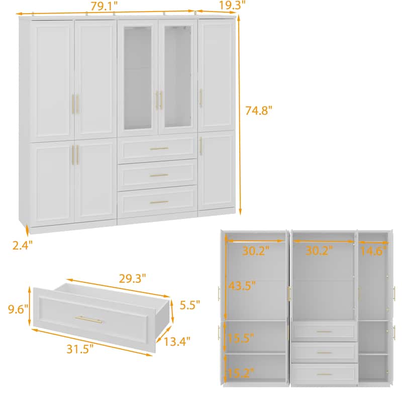 74.8"H Large Modular Wardrobe Cloest Armoire Cabinet Glass Door