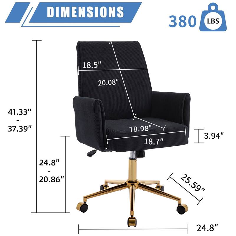 Corduroy Swivel Office Chair with Wheels, Ergonomic High Back Task Chair, Upholstered Accent Chair with Adjustable Height - Black