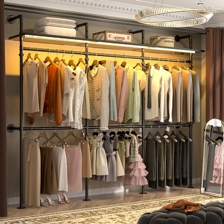 Industrial Pipe Clothing Rack, Reversible 118.3'' Garment Rack with LED Lights& Shelves for Walk-in Closet