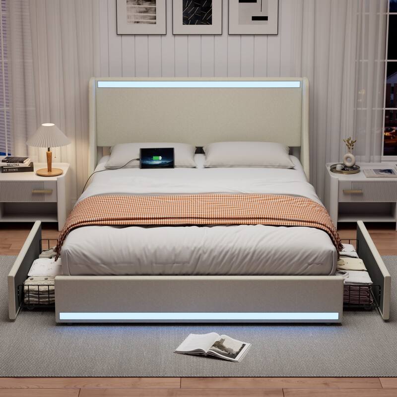 Javlergo Bed Frame with LED Lights and Charging Station Linen Fabric Bed with Drawers Wooden Slats - Beige - Queen