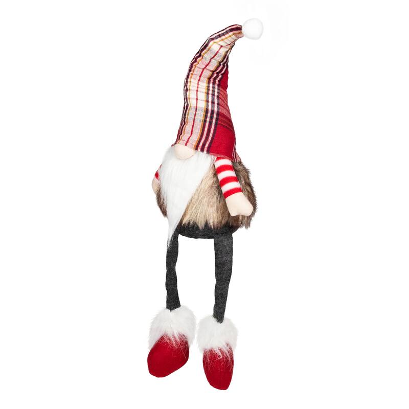 Plaid Gnome with Dangling Legs Christmas Figure - 20.5" - Red, Gray and White