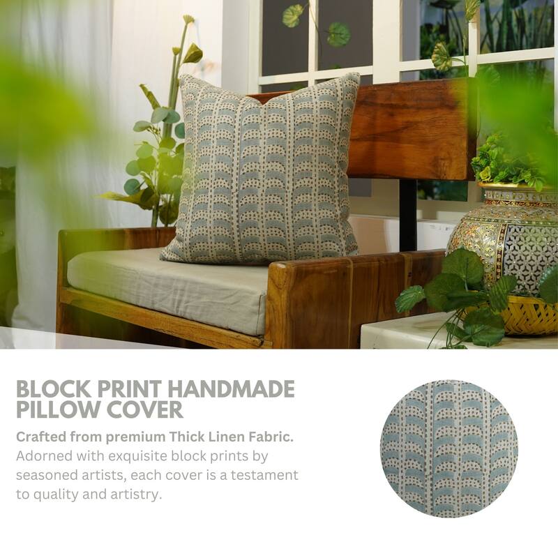 Fabdivine Boho Linen Block Print Blue Cushion Cover Handmade Cozy Fabric, Garud