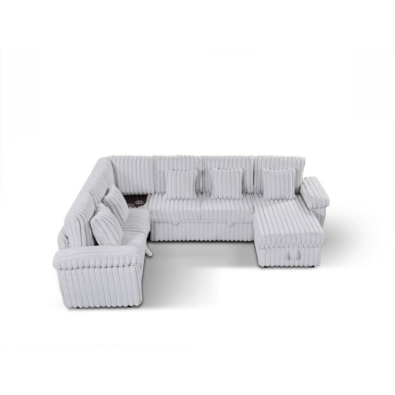 110" U-shaped Corduroy Sectional Sofa, Corner Coffee Table with USB port, Pull-out Bed