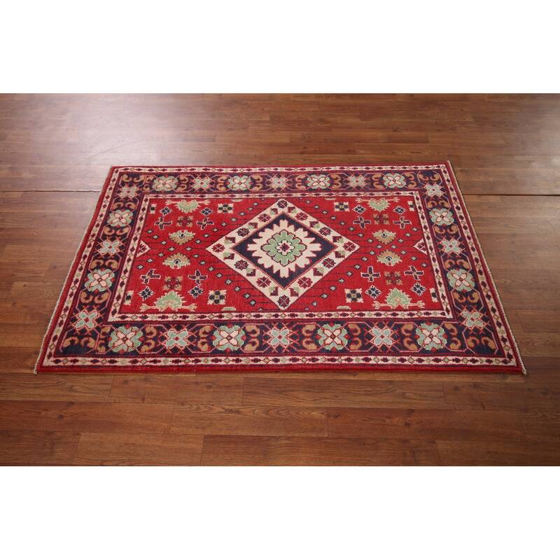 Geometric Red Kazak Oriental Foyer Rug Handmade Wool Carpet - 3'1" x 5'0"