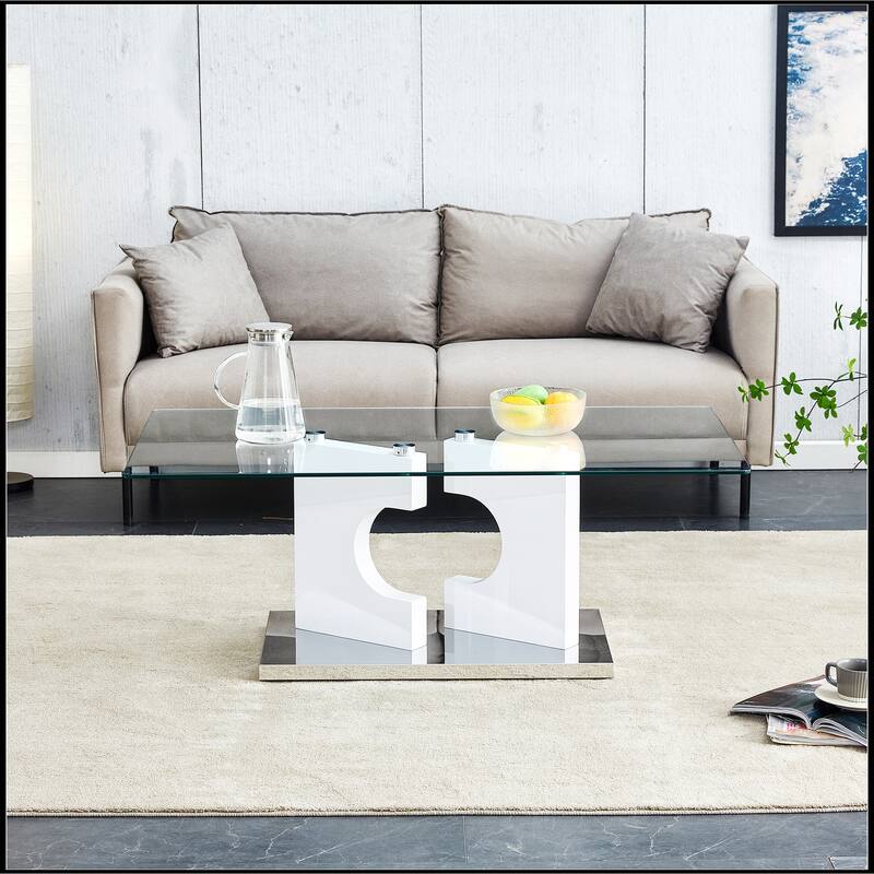 Rectangular Coffee Table with Tempered Glass Tabletop and White MDF Legs