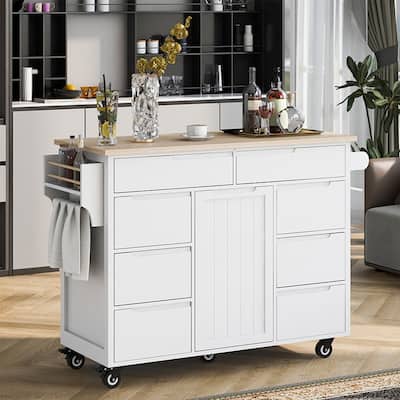 Kitchen Cart With Rubber Wood Countertop, Large Storage Space Flatware Organizer With Spice Rack, Towel Rack