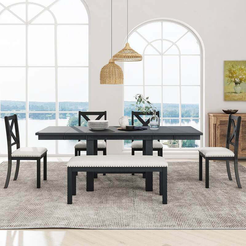 82'' 6Piece Extendable Dining Table with Footrest, 4 Upholstered