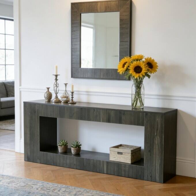 63-Inch Low Console Table, Wooden Entryway Shoe Bench with Storage