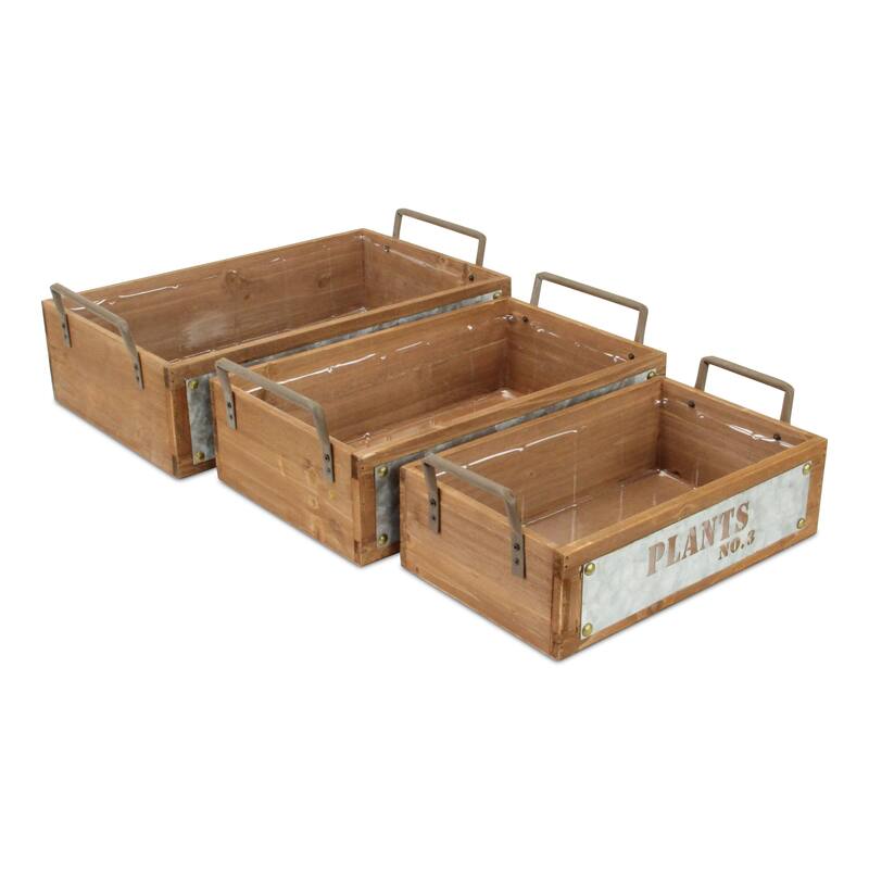 Brown Wood and Galvanized Metal Jardin Fleurs Stamped Crate (Set of 3)