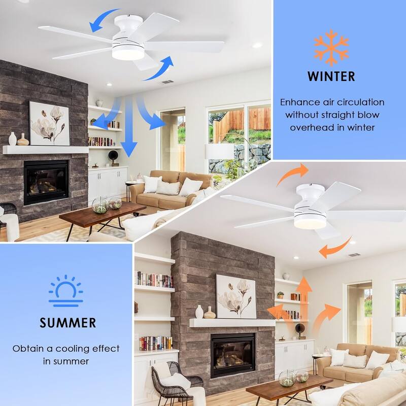 46 Inch Flush Mount Ceiling Fan with Light 5 Reversible Dual Side Blades for Bedroom,Living Room,Patio - 46 Inches