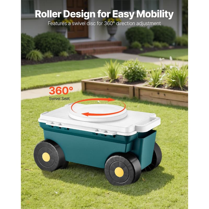 Grey and Green Plastic Rolling Garden Cart with 360 Seat and Storage Compartment - 20.47×12.20×11.02 inches