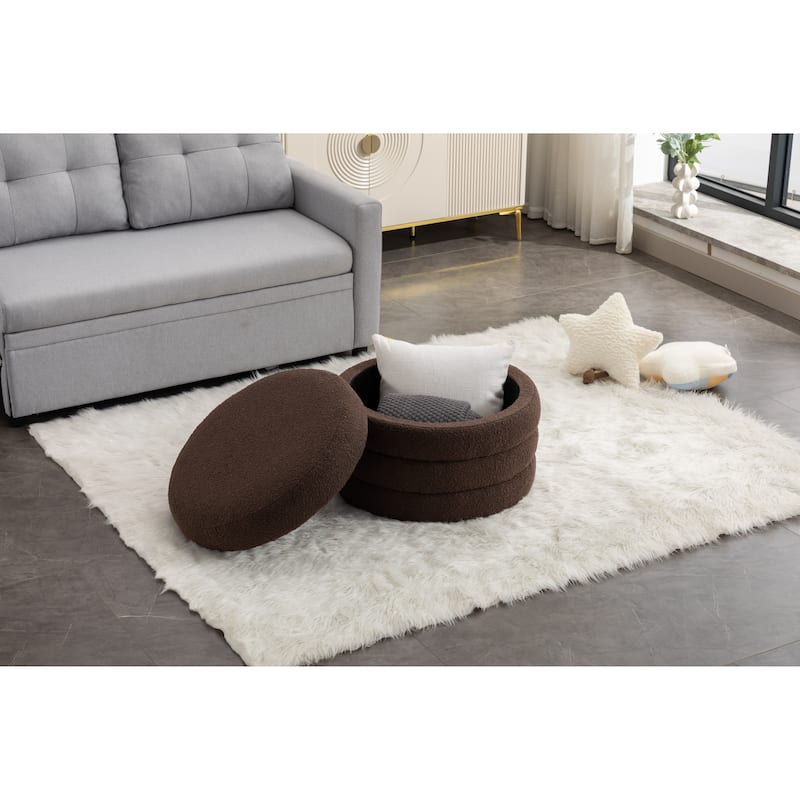 Boucle Fabric Round Storage Ottoman Footstool with Wooden Shelving