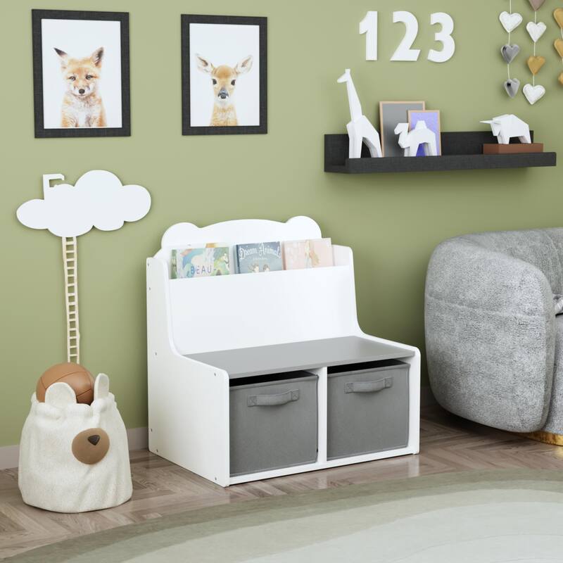 Kids Bookshelf with 2 Fabric Storage Bins-Wooden Bookcase with Book Display Shelf,Cute Bear-Shaped Backboard,Toy Organizer