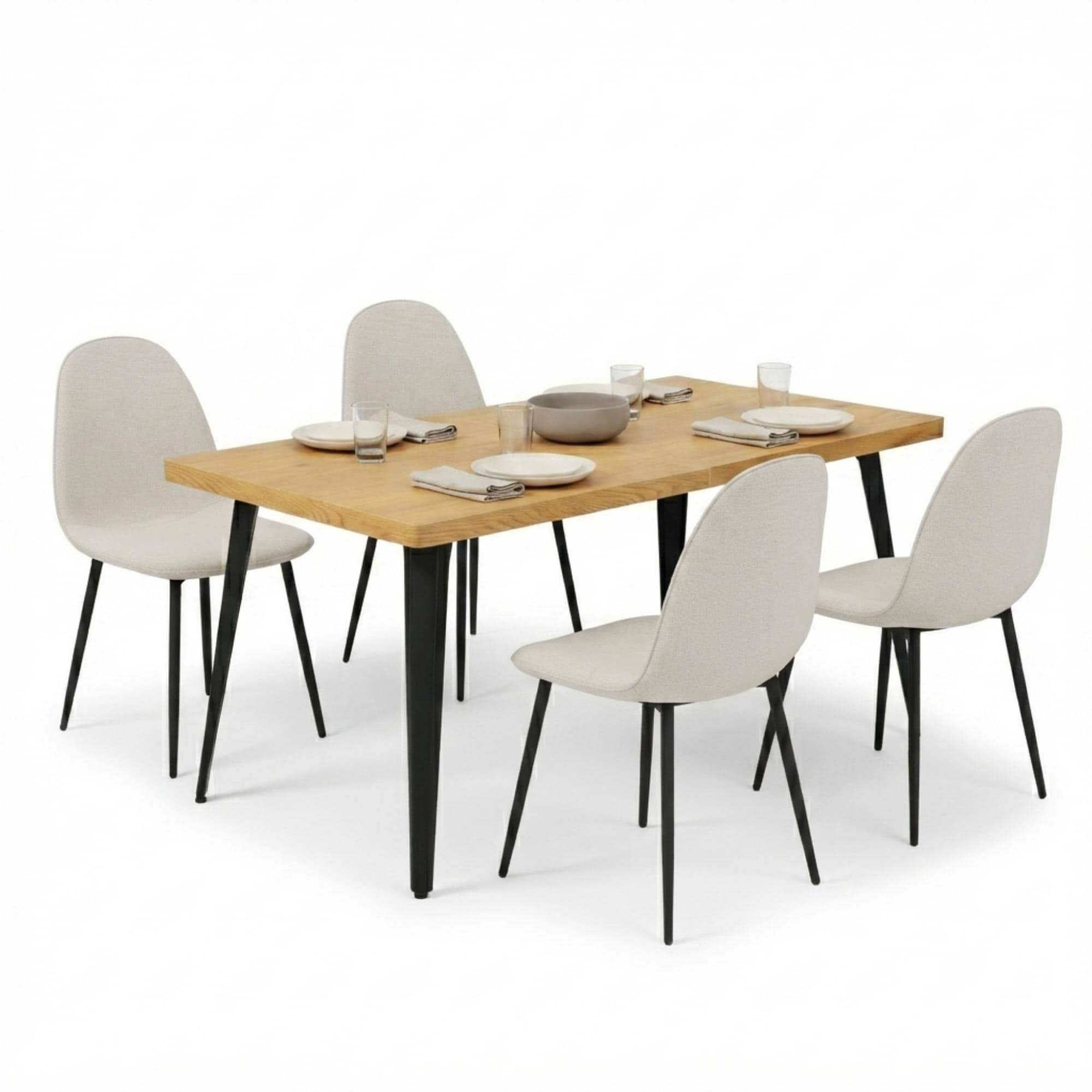 Homy Casa 5-Piece Dining Set for 4 with Natural Rectangular Table and Upholstered Side Chairs
