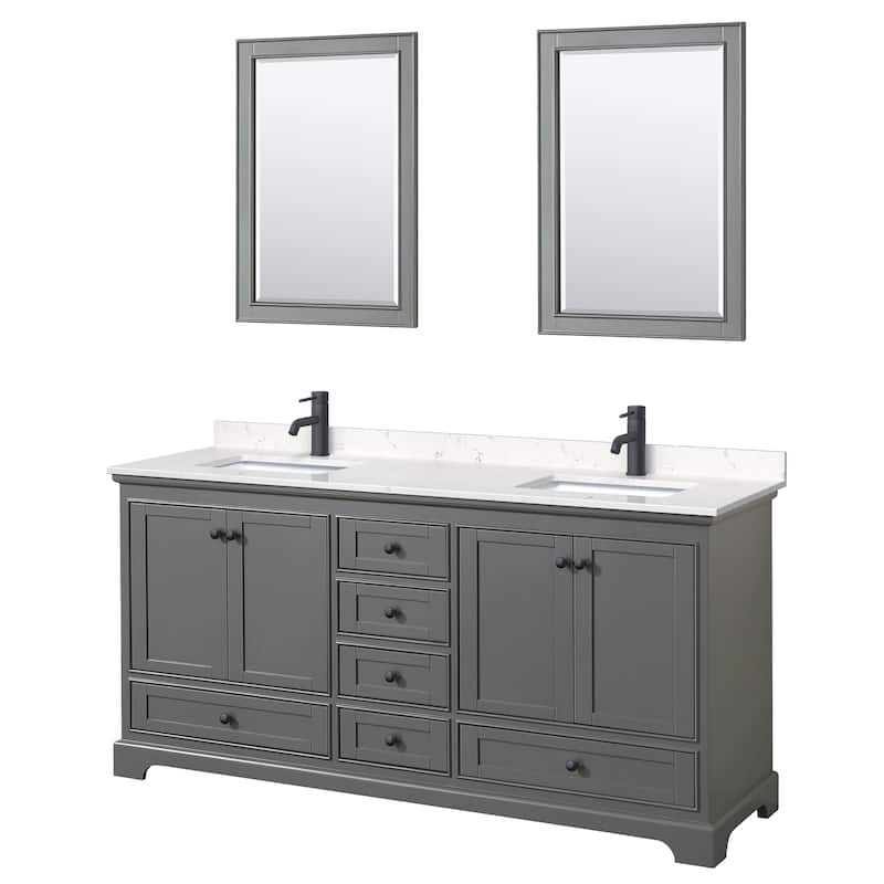 Deborah 72-inch Double Vanity, Cultured Marble Top, 24-inch Mirrors - Dark Gray, Black Trim, Carrara Cultured Marble Top