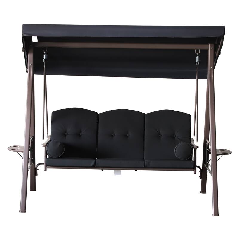 Outsunny Outdoor Patio 3-Person Canopy Cushioned Seat Bench Swing with Included Side Trays & Padded Comfort