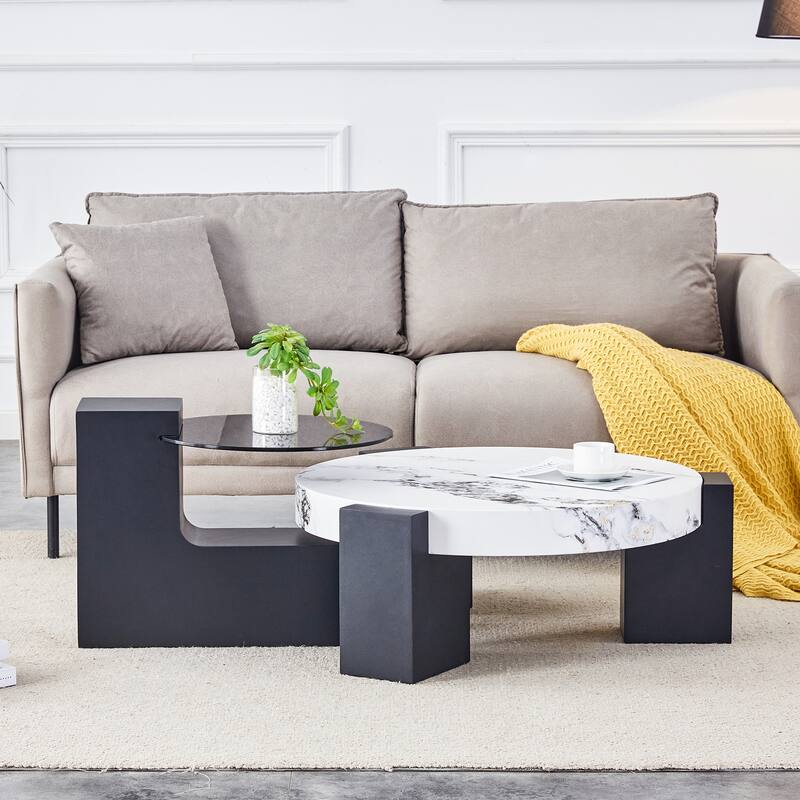 Modern Round Coffee Table with MDF L-Shaped Legs and Double-Layer Design for Living Room