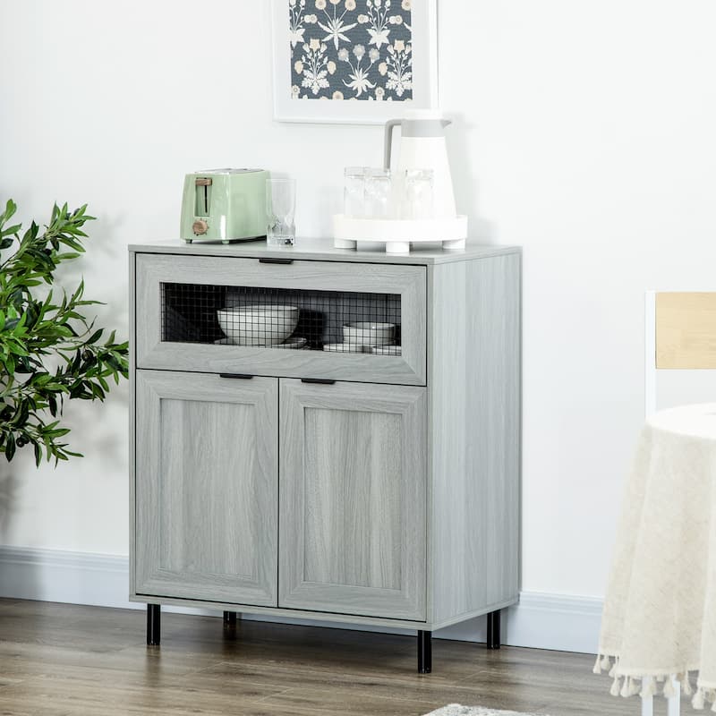HOMCOM Industrial Buffet Cabinet, Kitchen Sideboard with Metal Grid Flip Drawer, 2-Tier Cabinet, Adjustable Shelf - Grey
