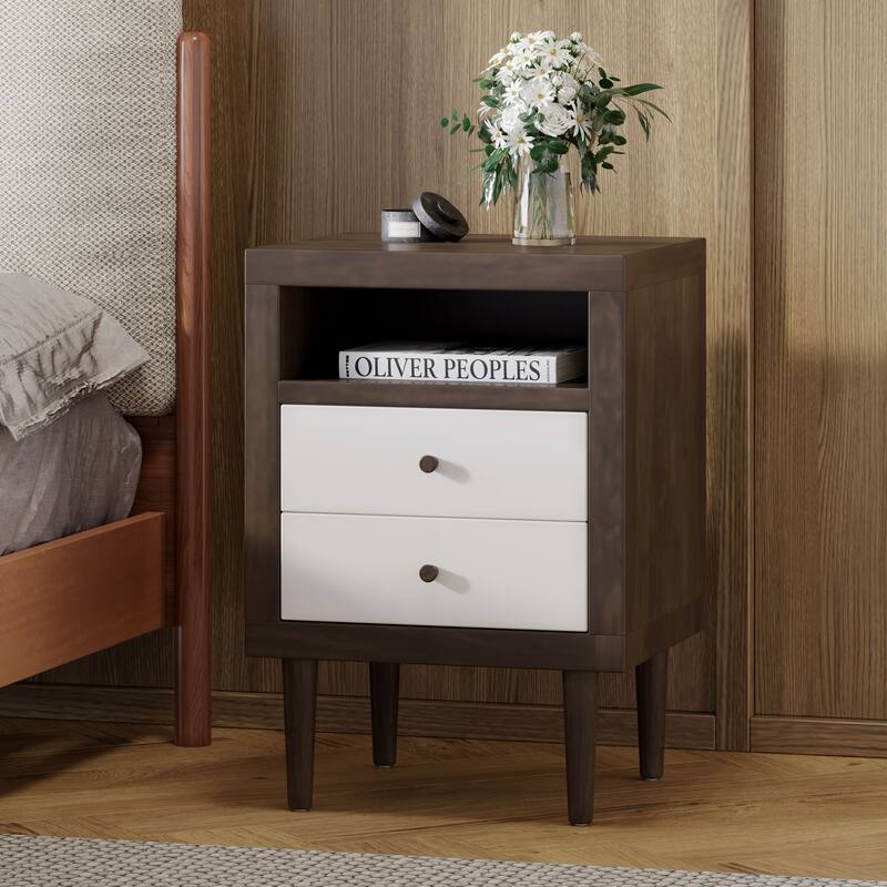 Mid-Century Nightstand with Splayed Legs and Dual Drawers