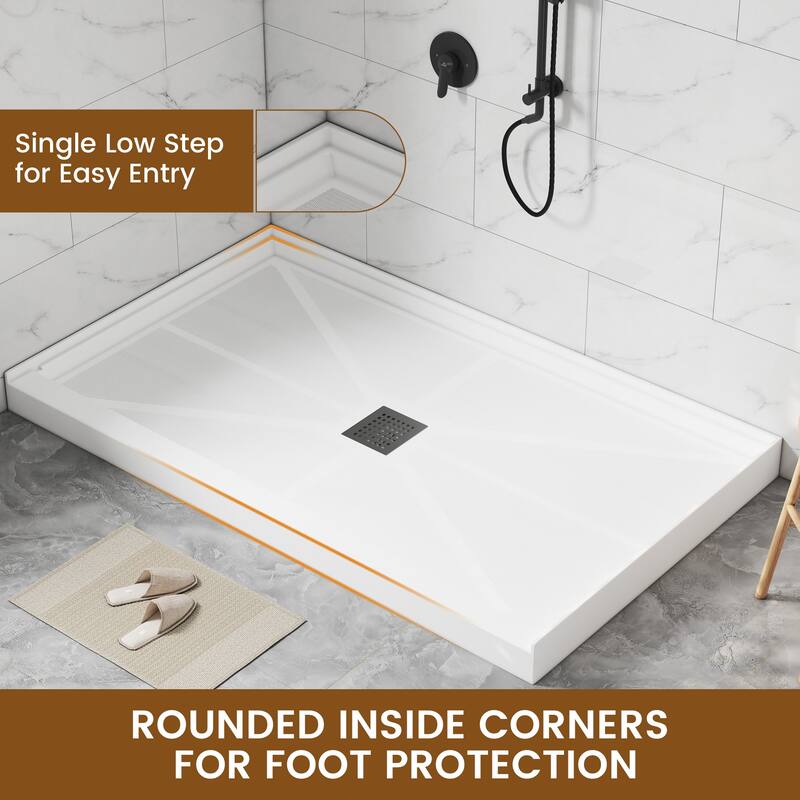 60 in. x 36 in. Elegant White Single Threshold Anti-slip SMC Rectangular Shower Base with Drain and Stainless Steel Drain Cover