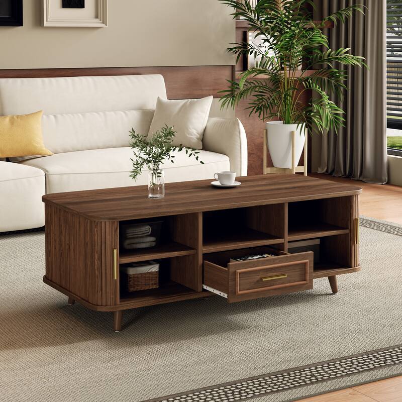 Christopher Knight Home - Arlo Mid-Century Modern Coffee Table with Tambour Doors and 6-Compartment Storage Drawer