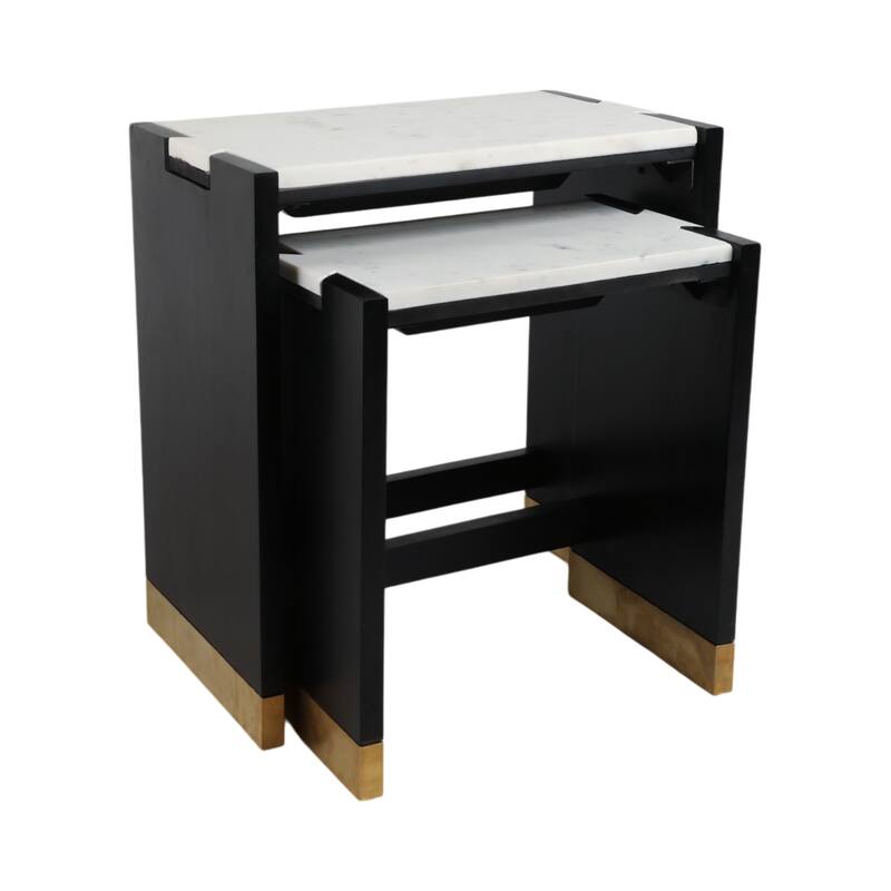 Stone and Acacia Wood Accent Tables with Travertine Top (Set of 2)