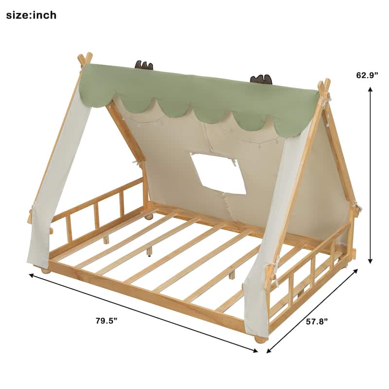 Kids House Bed with Detachable Tent Skylight and Light Features