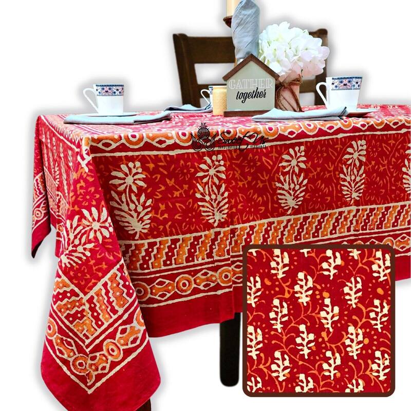 Dabu Floral Hand Block Print Cotton Tablecloth Rectangle Collection