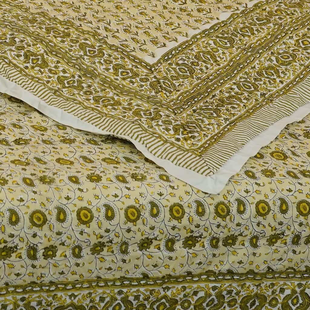 Fabdivine Organic Cotton Quilt - Blue Green Floral, Reversible Handmade Natural Boho Bedding for Bedroom & Living Spaces