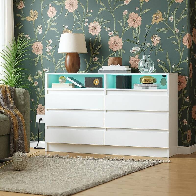 6 Drawer Dresser, with LED Lights and USB Charging Station - White