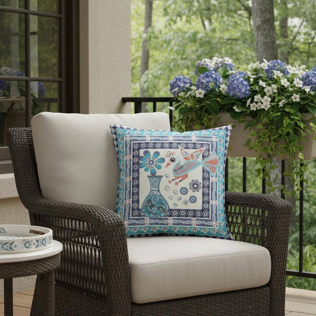 HomeRoots 20" x 20" Blue and Off White Peacock Blown Seam Floral Indoor Outdoor Throw Pillow - 20.00' X '5.00' X '20.00