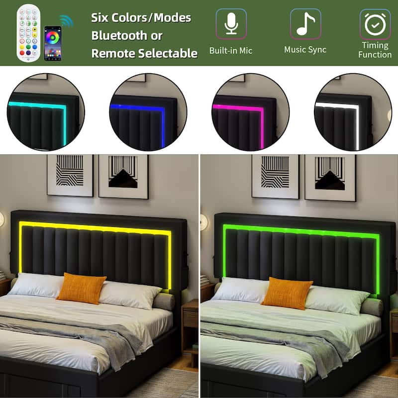 Velvet Upholstered Platform Bed Frame with Adjustable Headboard and 4 Storage Drawers & RGB LED Lights