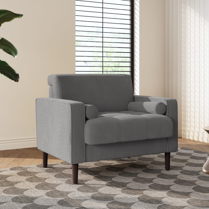 Modern Upholstered Corduroy Wide Armchair with Bolster Pillows - Light Grey