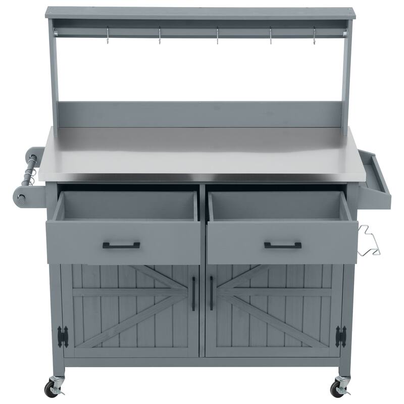 54.1" Outdoor Kitchen Island,Outdoor Grill Cart on Wheels, Potting Bench Table with Stainless Steel Top and Storage Cabinet