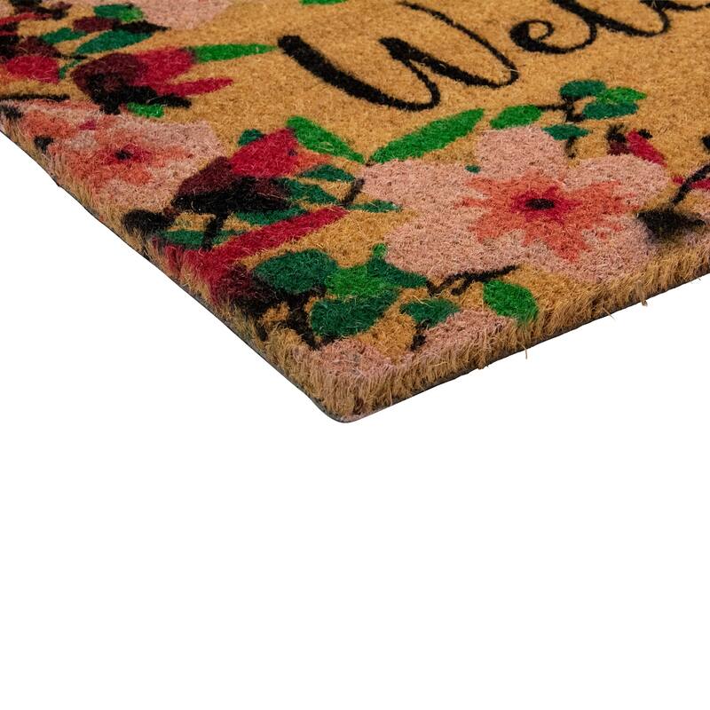 Natural Coir Blossoming Floral Outdoor Rectangular "Welcome" Doormat - 30