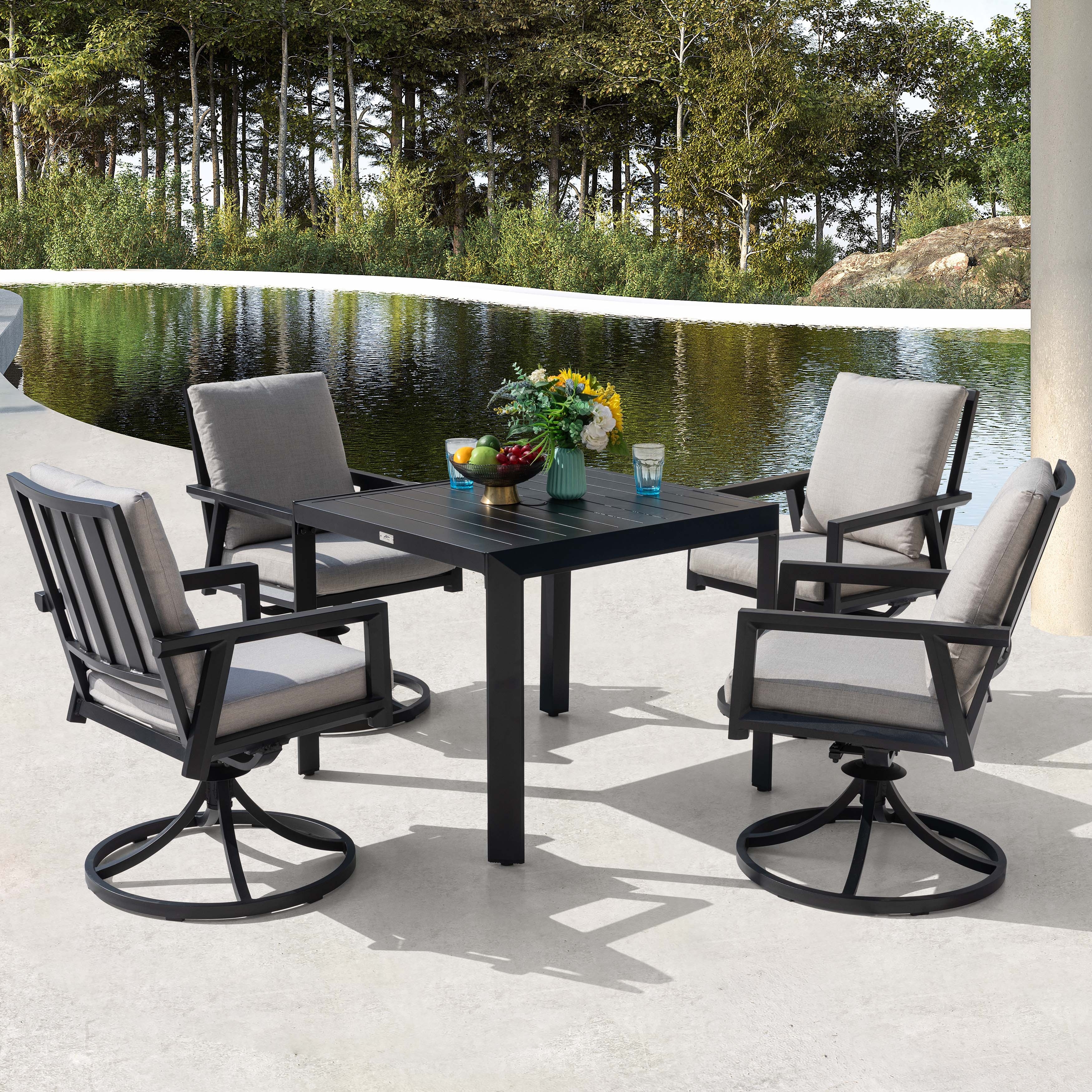 Outdoor 5-Piece Swivel Dining Set with Gray Soft Cushions