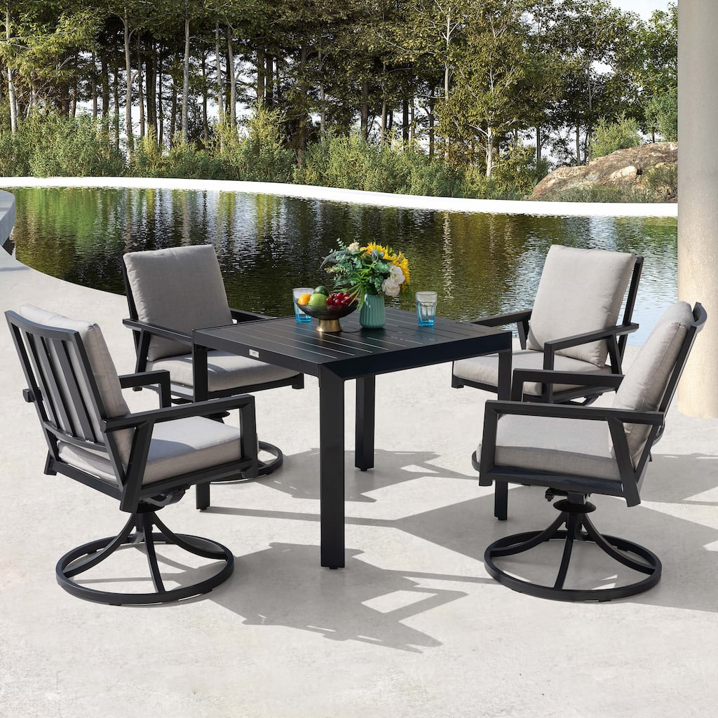 Outdoor 5-Piece Swivel Dining Set with Gray Soft Cushions