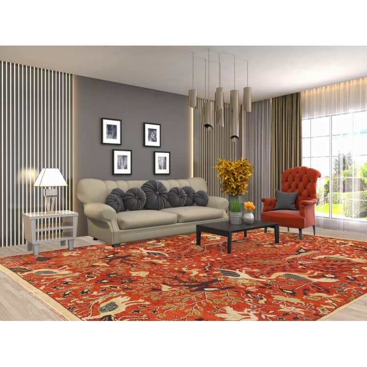 Hand Knotted Oriental 100% Wool Carpet Traditional All-Over Oranges & Rust Ziegler Area Rug - 11' 10'' X 8' 10''