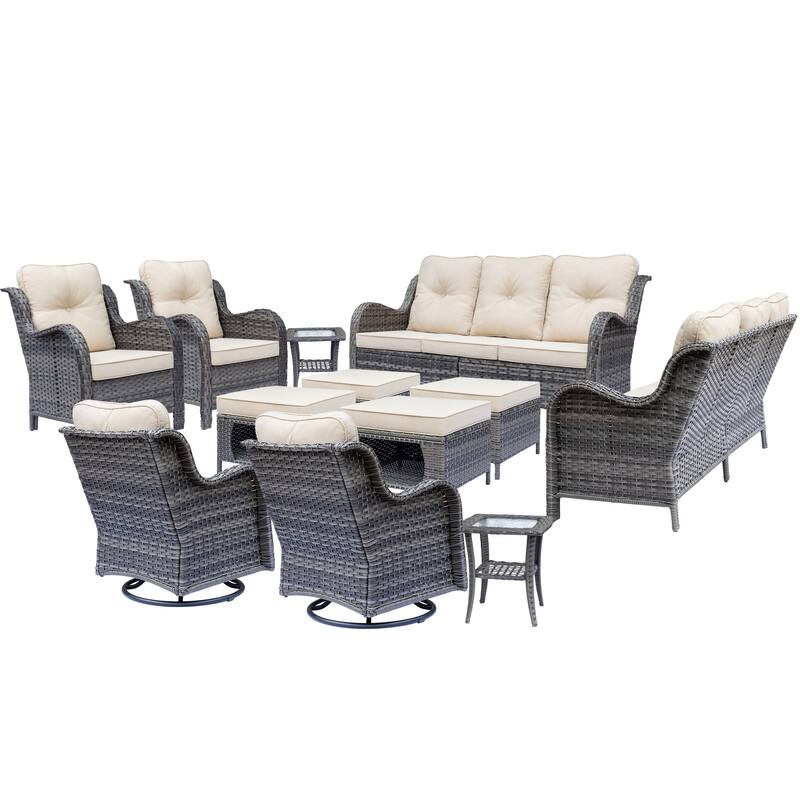 Gray Wicker Outdoor Patio Furniture Set with Swivel Rocker Patio Chairs