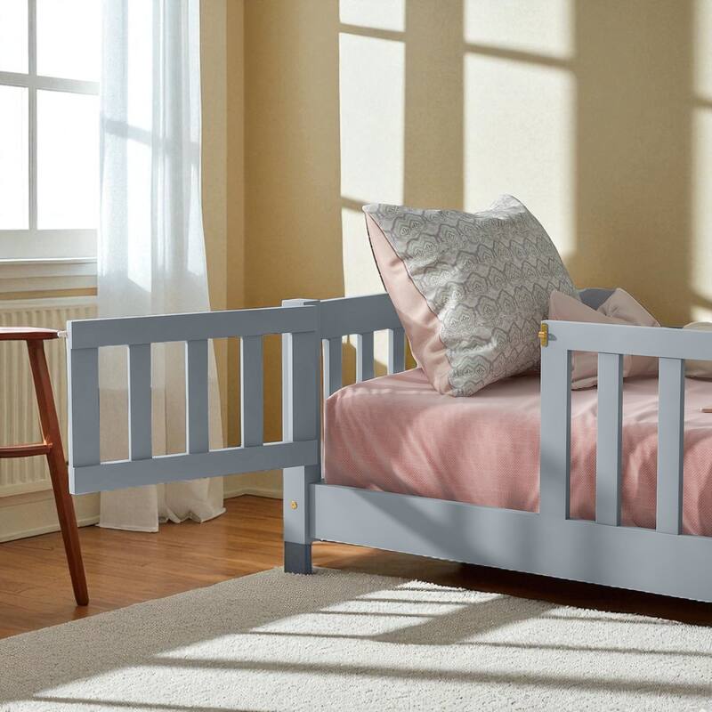 Twin Size Floor Bed with Fence and Door, Rubber Wood Frame with Safety Guardrails
