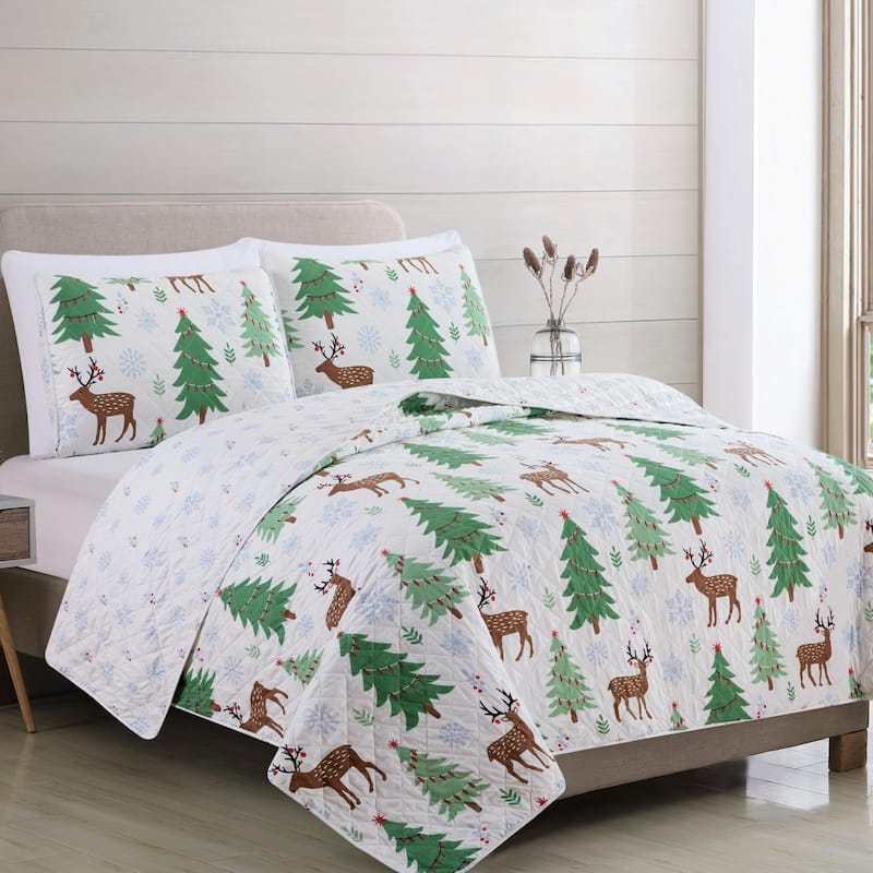 Premium Christmas Trees Microfiber Quilt Set With Shams