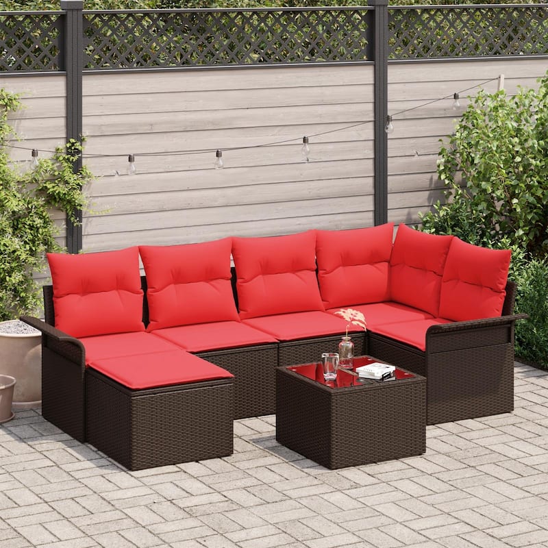 vidaXL 6/7 Garden Sofa Set with Cushions Black/Brown/Grey Poly Rattan - 95.9 x 52.2 x 27.2 - Brown with table