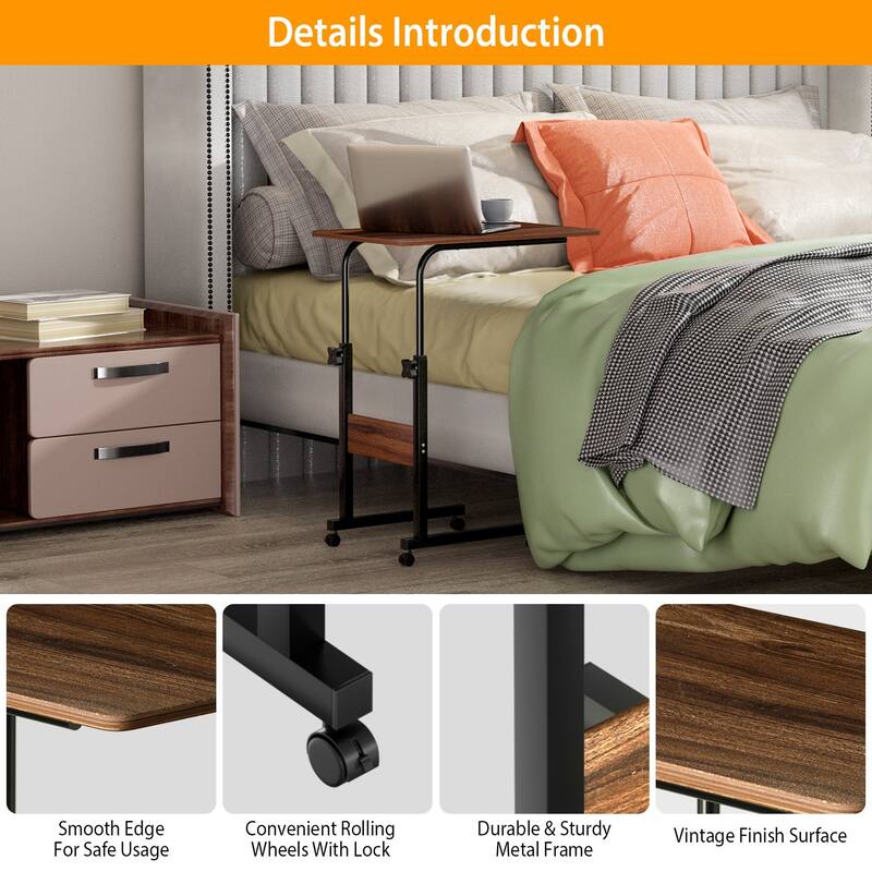 3 Tiers Adjustable C-Shaped Side Table with Rolling Wheels for Living Room or Bedroom