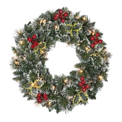 Puleo International 24" Pre-Lit Snowy Silverton Pine Wreath 120 Tips 50 Clear Light with Red Berries - Green