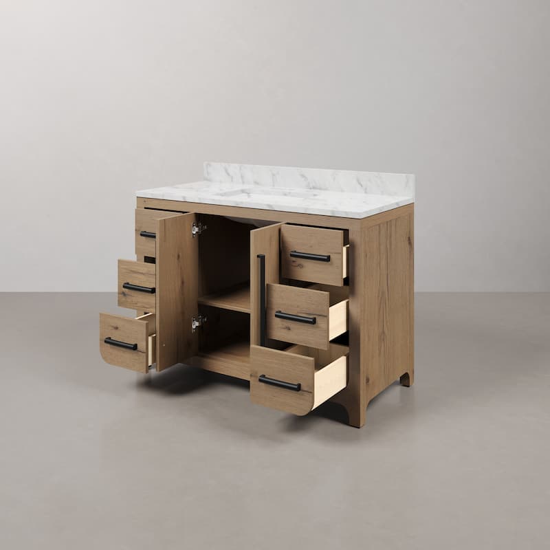 Perris 48 In. Single Rectangle Sink Bathroom Vanity With Engineered Carrara White Marble In Weathered Oak