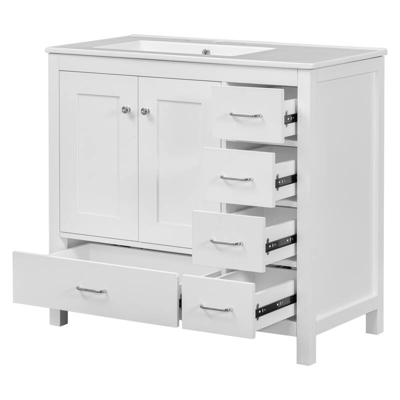 Roomfitters 36" Bathroom Vanity with Ceramic Sink, Storage Cabinet with 2 Soft-Close Doors and 5 Drawers, White