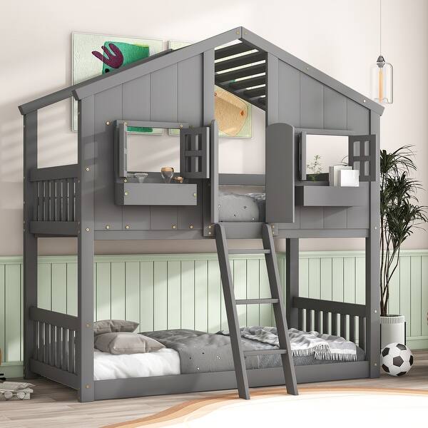 slide 2 of 10, Twin over Twin House Bunk Bed with Roof, Grey Grey