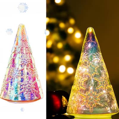 10" Multicolor Glass Xmas Tree Night Light - Battery Powered Holiday Table Decor - N/A