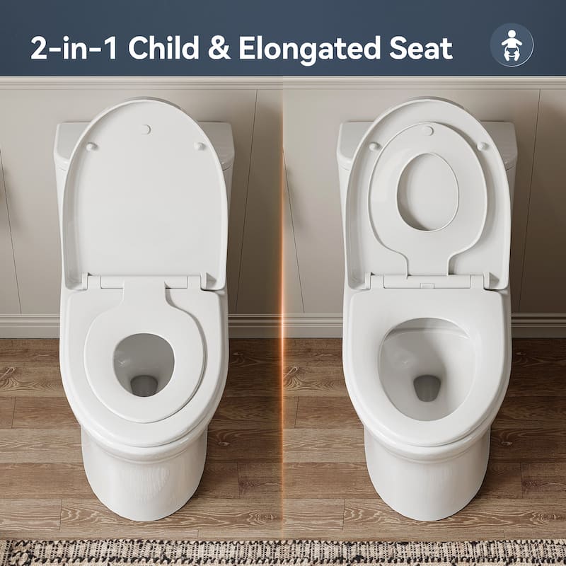 HOROW 1 Piece WaterSense Dual Flush Elongated Toilet White Rimless Bowl Child Seat 1000g Flush - 12 inch Rough In - N/A