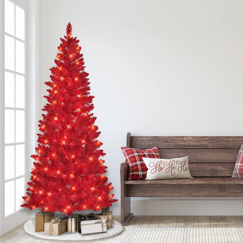 Puleo International 6.5 ft. Pre-lit Flocked Fashion Red Artificial Christmas Tree with 200 Warm White LED Lights